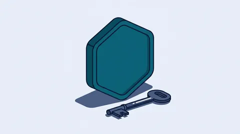 Hexagonal token on edge with a key in front of it