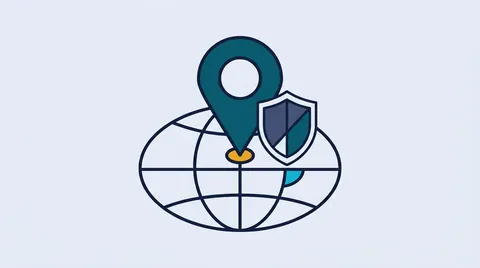 Map pin above a globe outline with a shield beside it