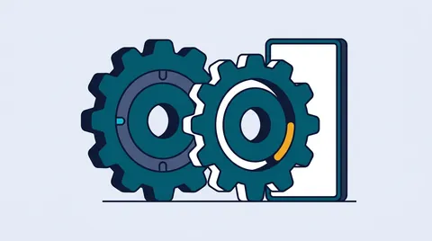 Two interlocking gears beside an empty screen panel