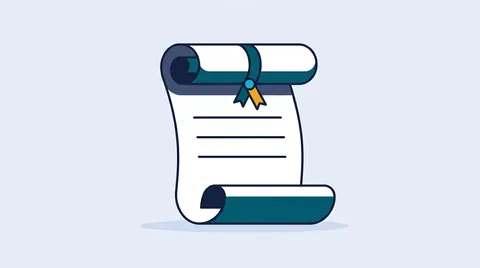 Partly unrolled scroll with blank rules and a teal ribbon